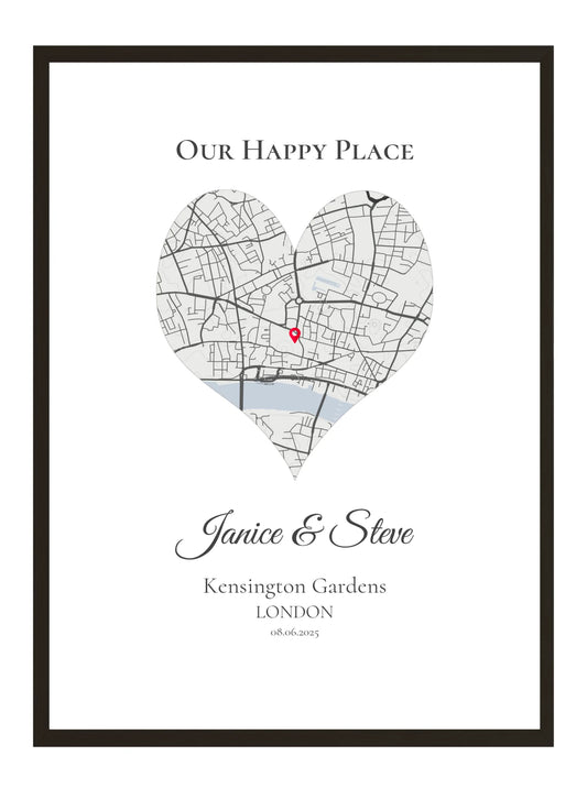 Our Happy Place - Heart Shaped - Personalised Anniversary Map Print