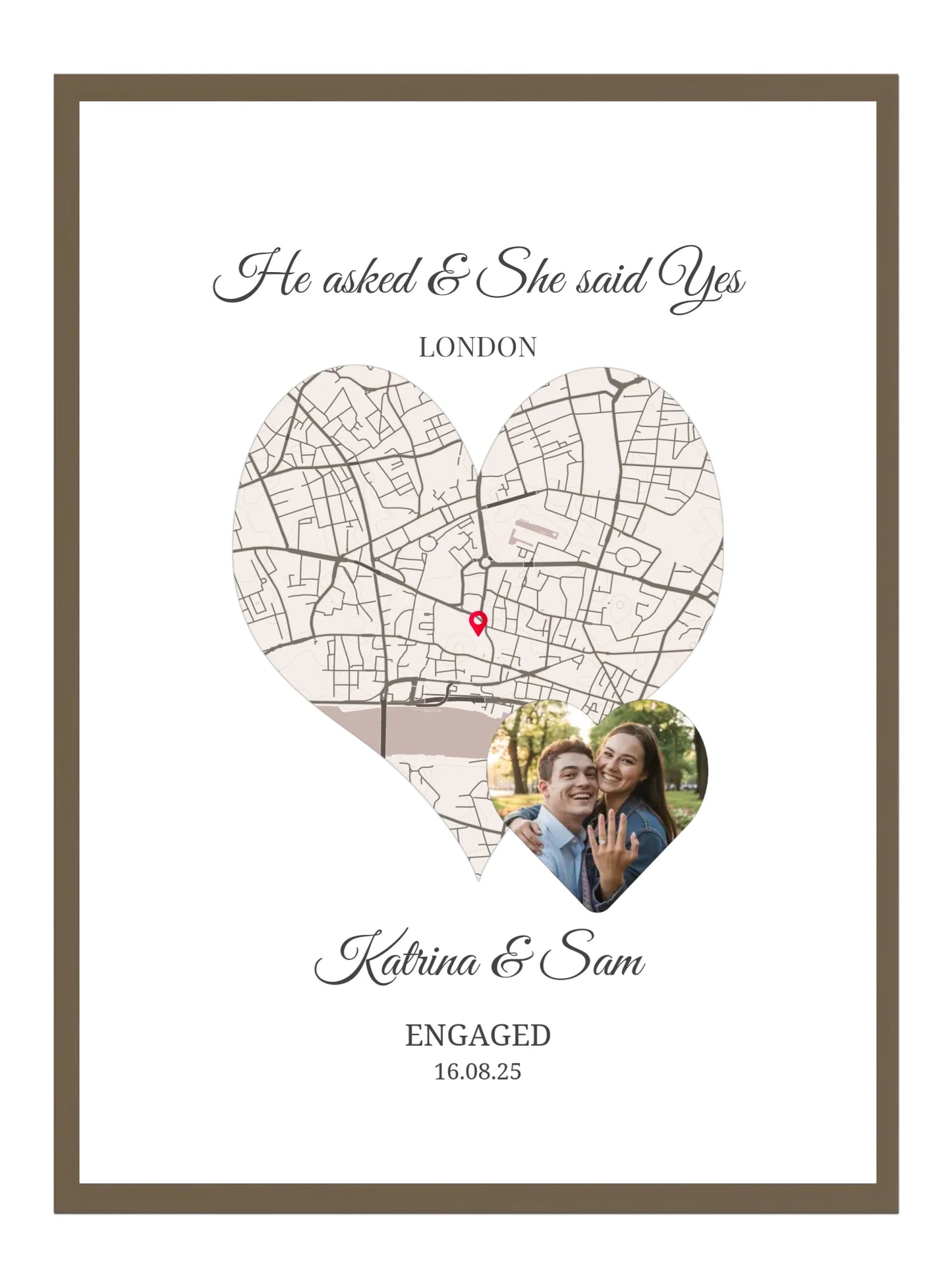 He Asked - She said Yes - Personalised Photo Engagement Map Poster Print