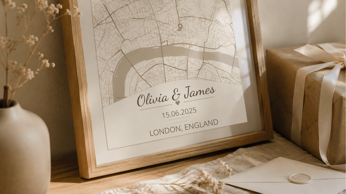 Personalised location map print framed on a wall as a first wedding anniversary paper gift