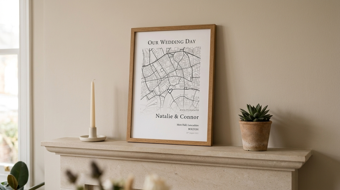 Personalised map print in a natural oak wood frame, given as a 5th wedding anniversary gift