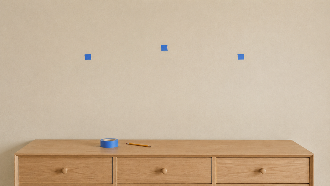 Neutral nursery with a wall marked for art decor above the dresser
