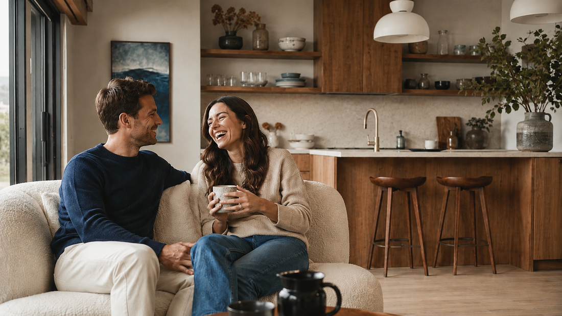 Newly engaged couple laughing together in their stylish, fully furnished home