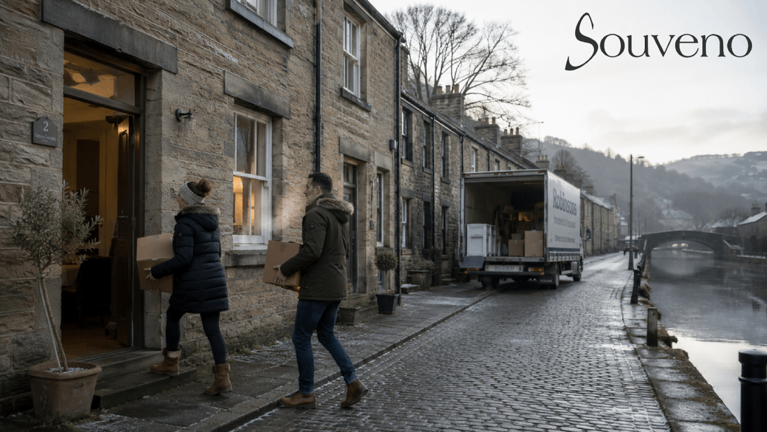Couple carrying boxes into a terraced house opposite a canal