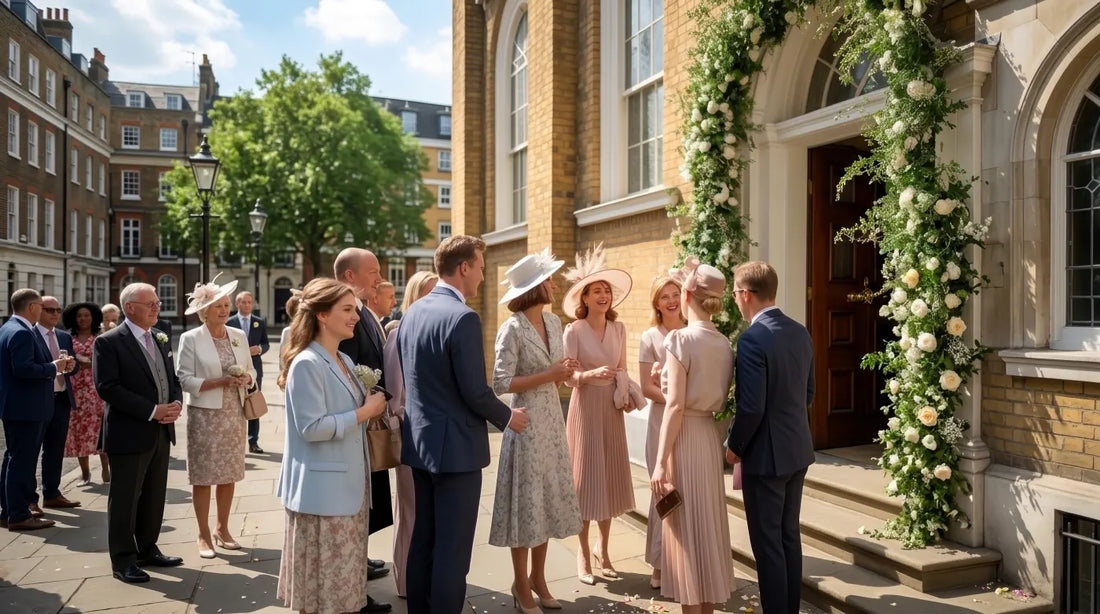 Wedding guests waiting outside a church doorway draped with flowers around the archway
