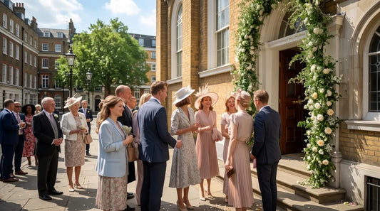 Wedding guests waiting outside a church doorway draped with flowers around the archway