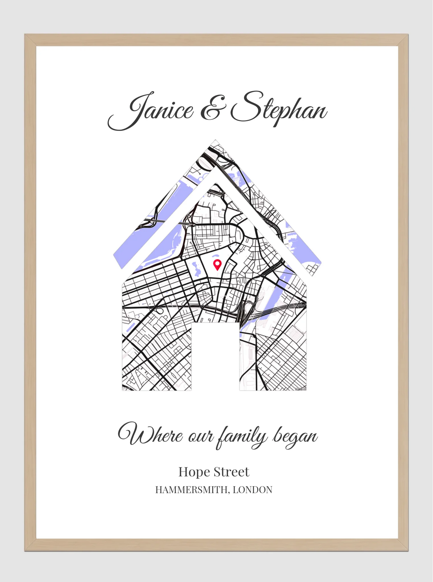 Personalised Map Poster with Natural Wood Frame by Souveno