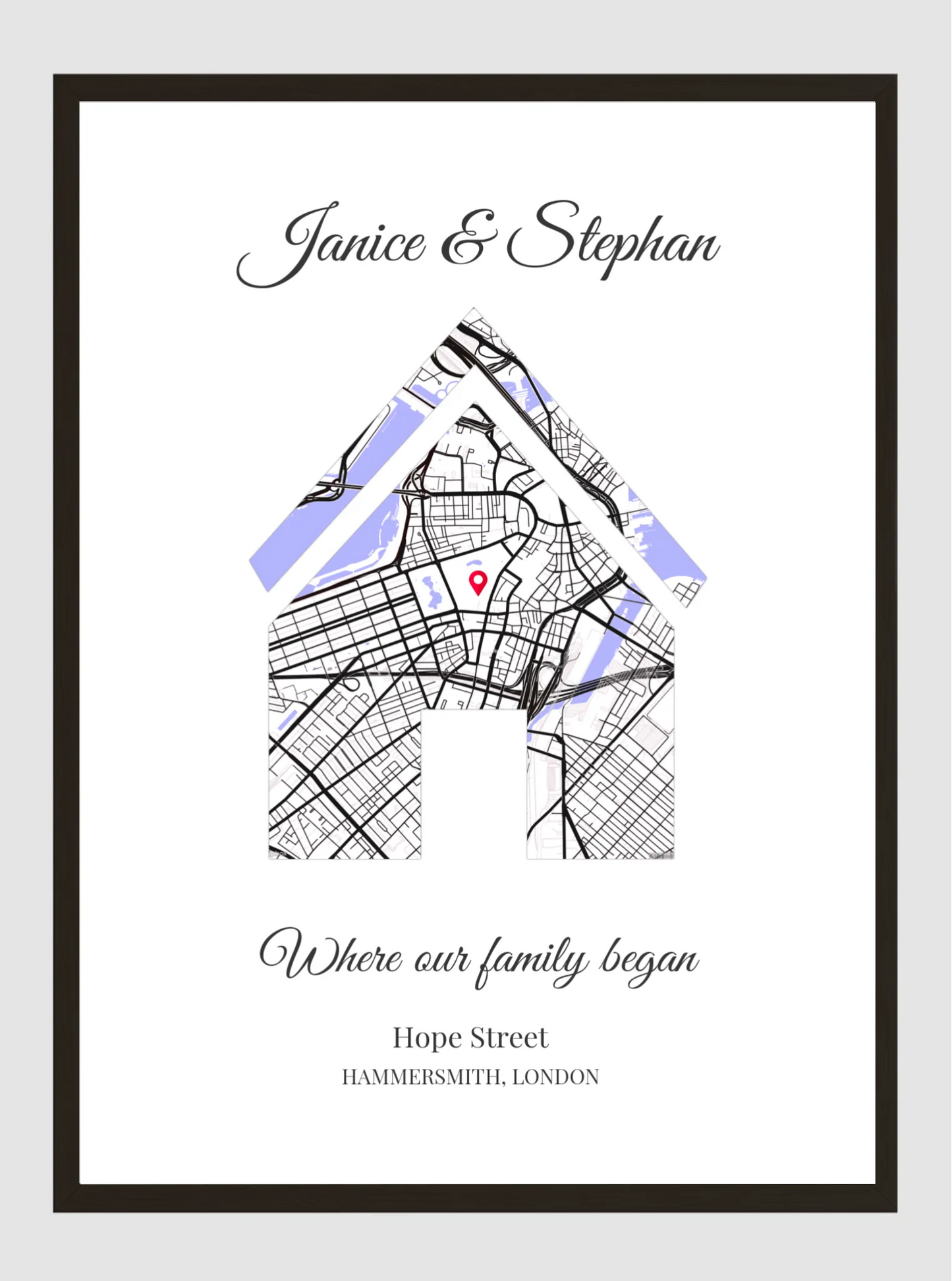 Personalised Map Poster with Black Wood Frame by Souveno