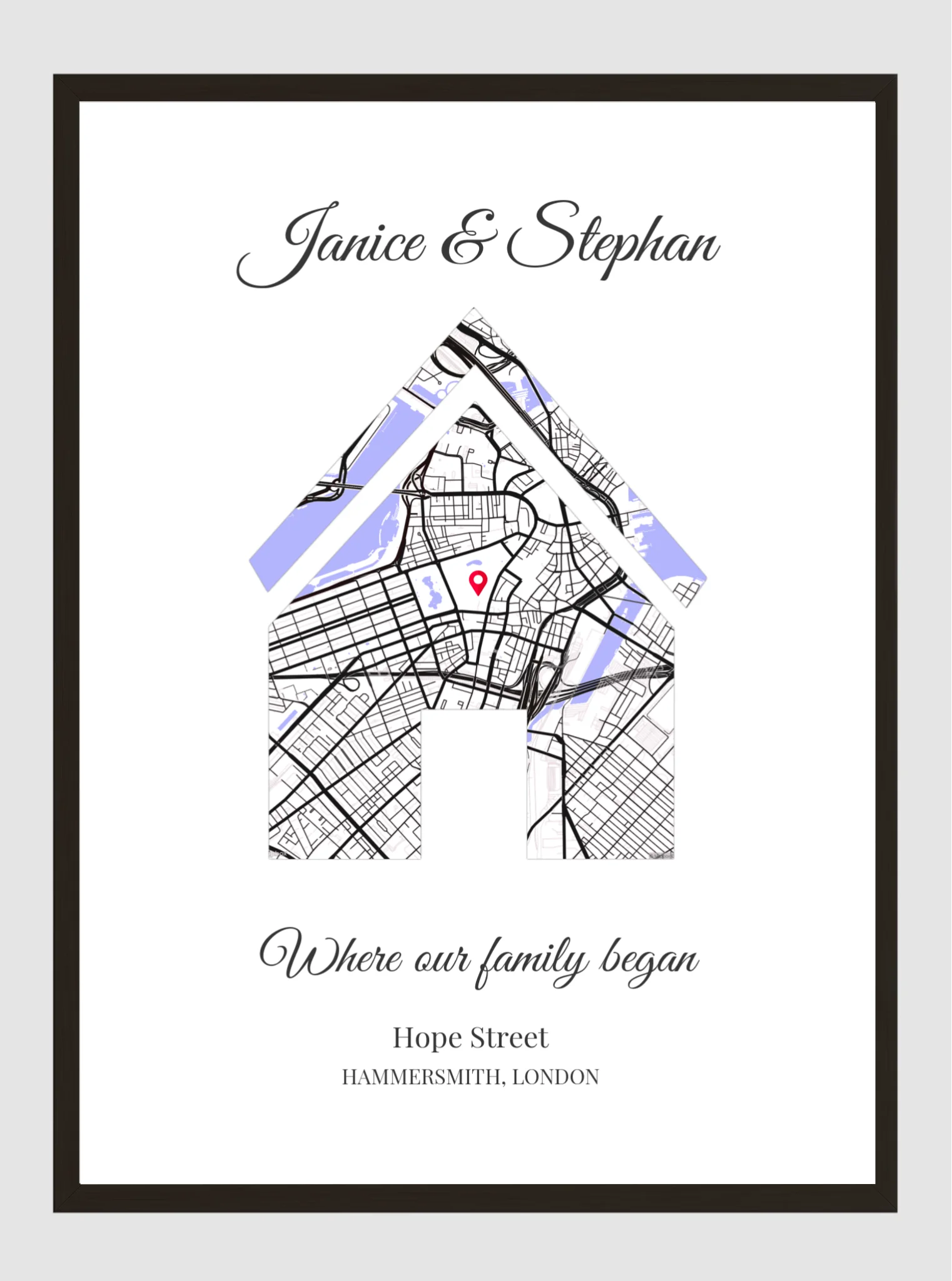 Personalised Map Poster with Black Wood Frame by Souveno