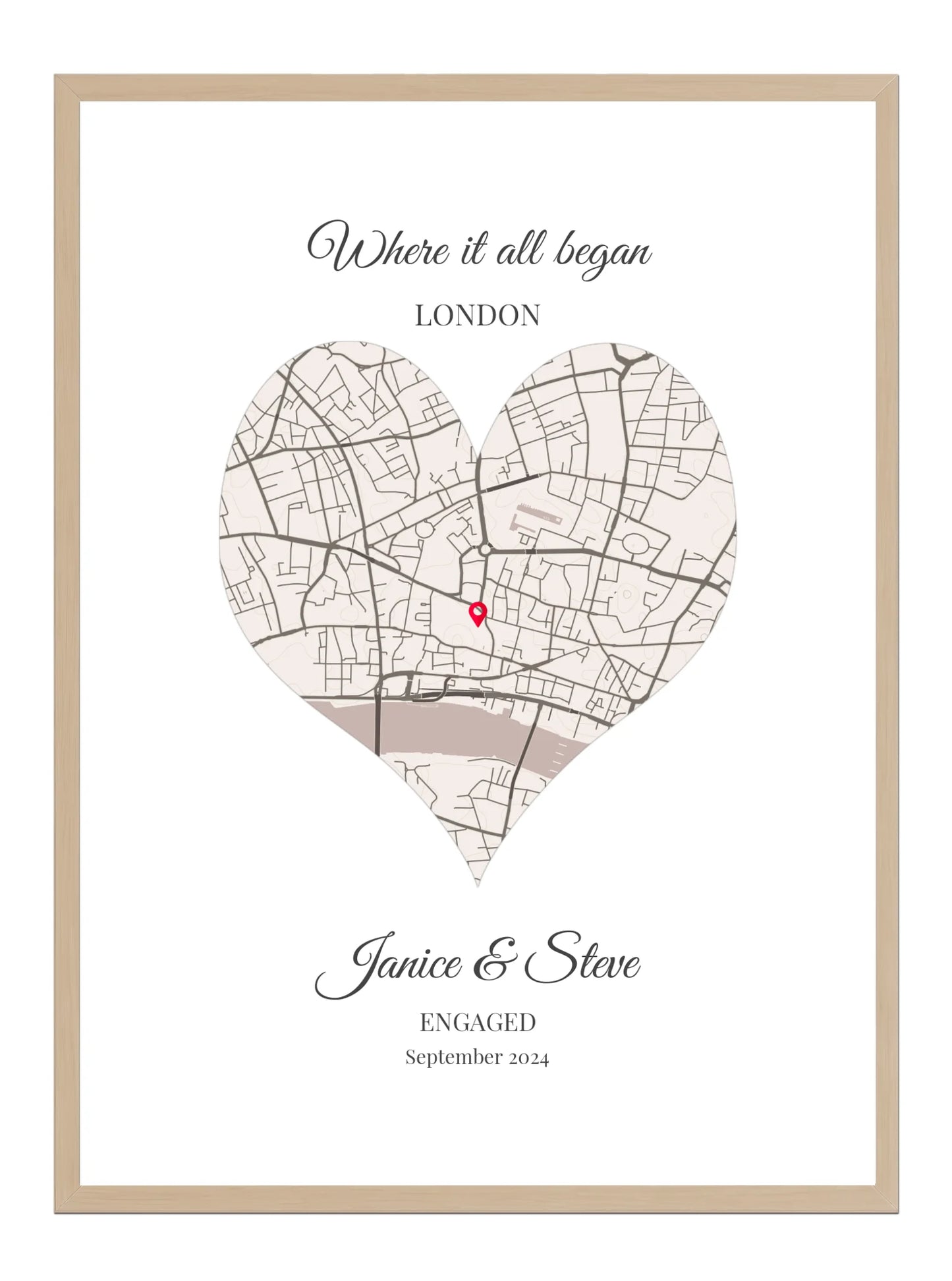 Engagement Heart Map Poster Print - Personalised