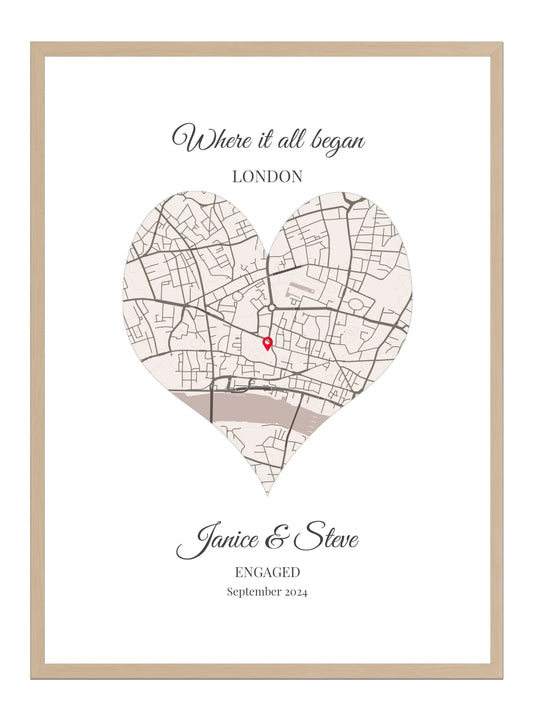 Engagement Heart Map Poster Print - Personalised