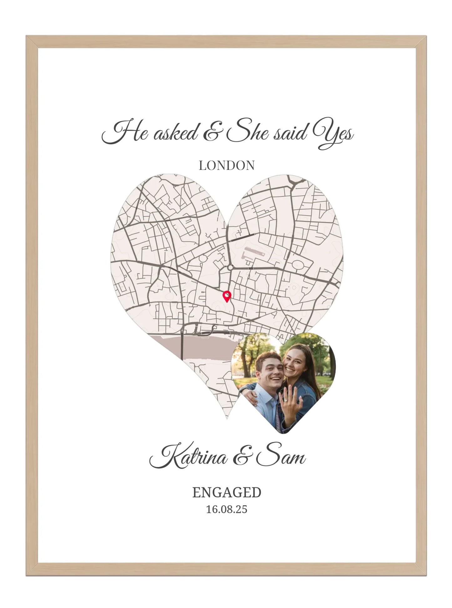 He Asked - She said Yes - Personalised Photo Engagement Map Poster Print