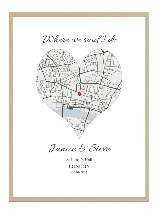 Where we said I do - Heart Shape Wedding Map Print