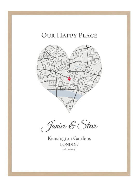 Our Happy Place - Heart Shaped - Personalised Anniversary Map Print
