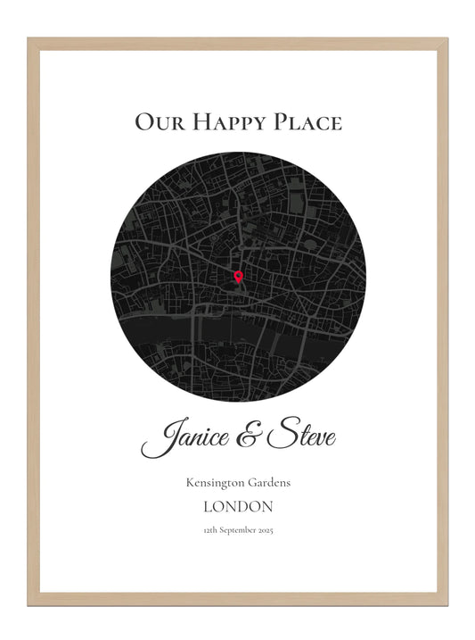 Our Happy Place - Black Circle - Personalised Anniversary Map Print