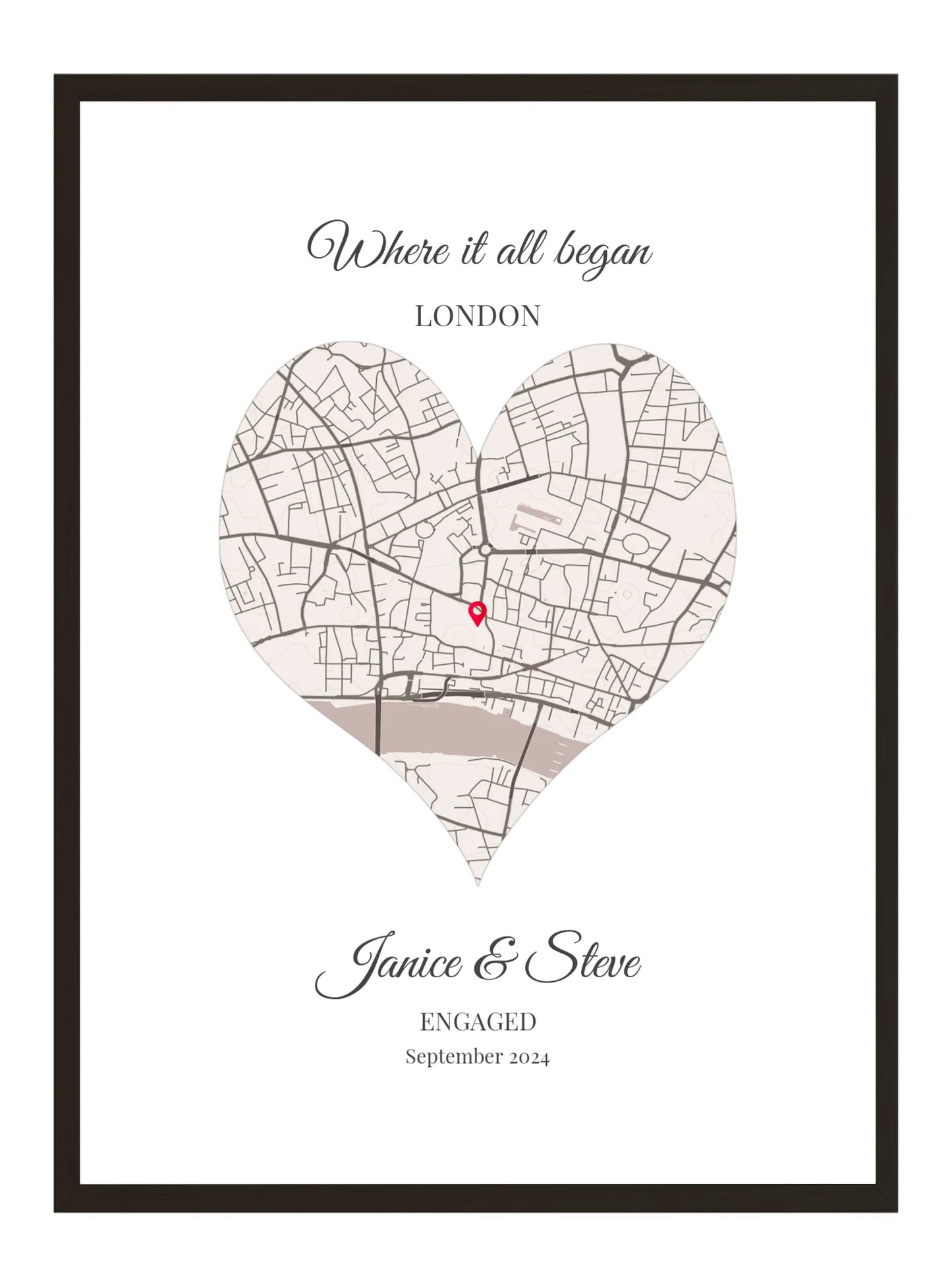Engagement Heart Map Poster Print - Personalised