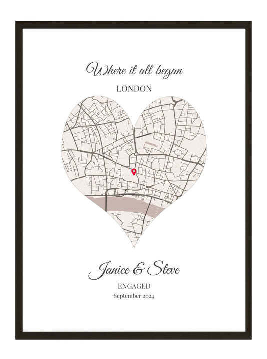 Engagement Heart Map Poster Print - Personalised