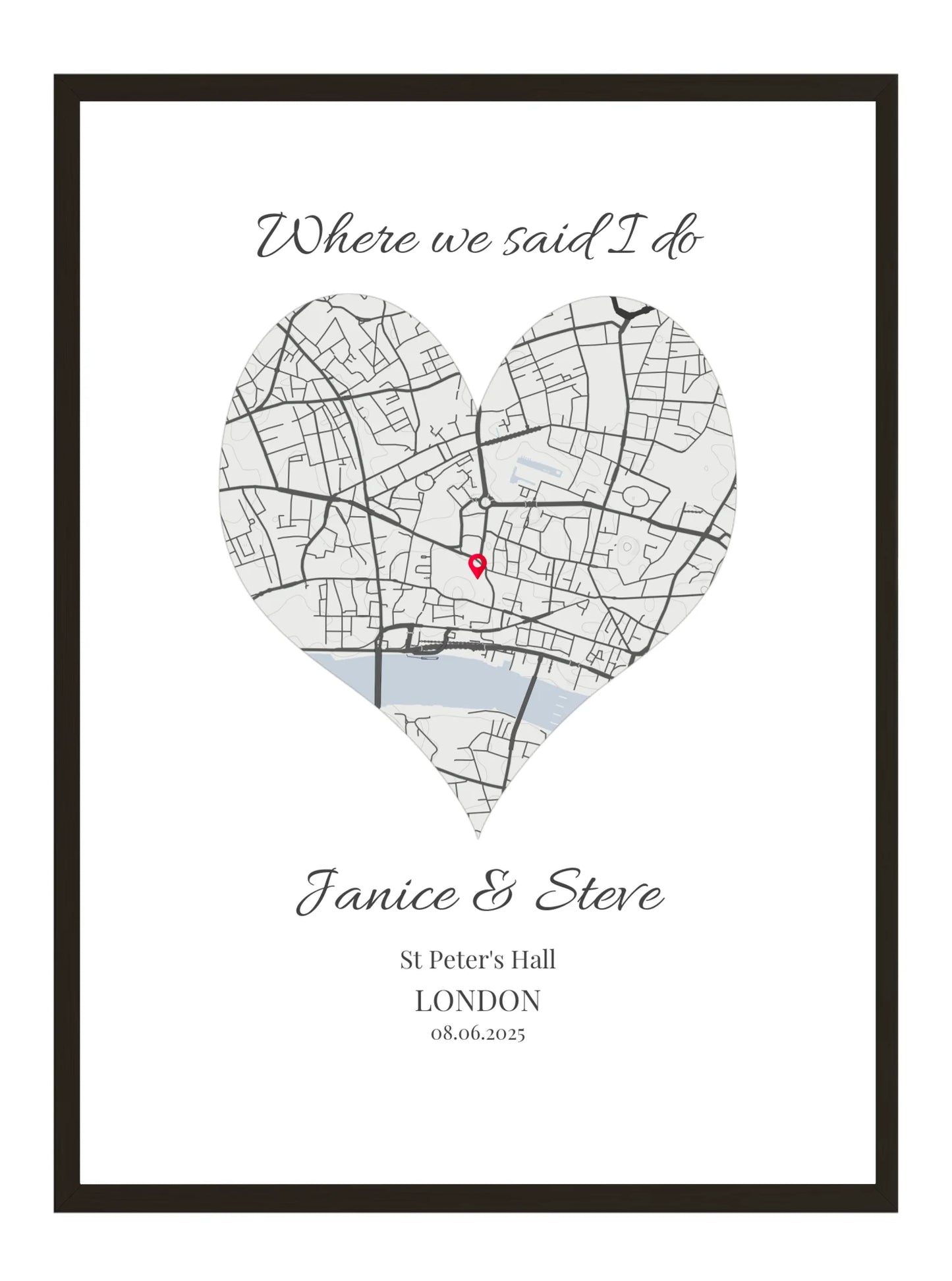Where we said I do - Heart Shape Wedding Map Print