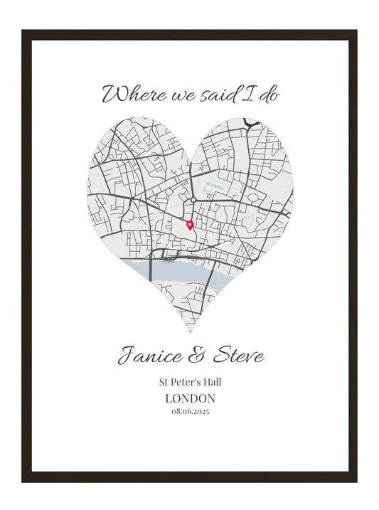Where we said I do - Heart Shape Wedding Map Print