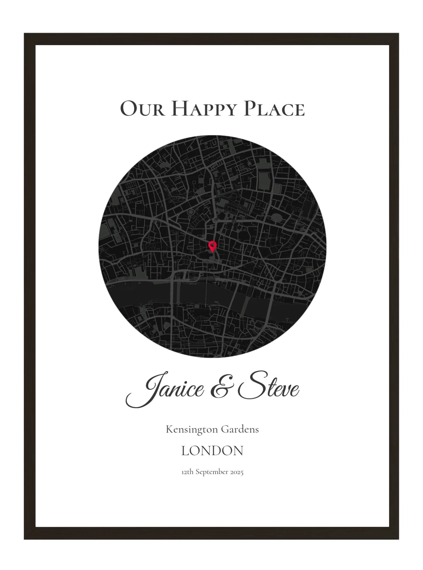 Our Happy Place - Black Circle - Personalised Anniversary Map Print