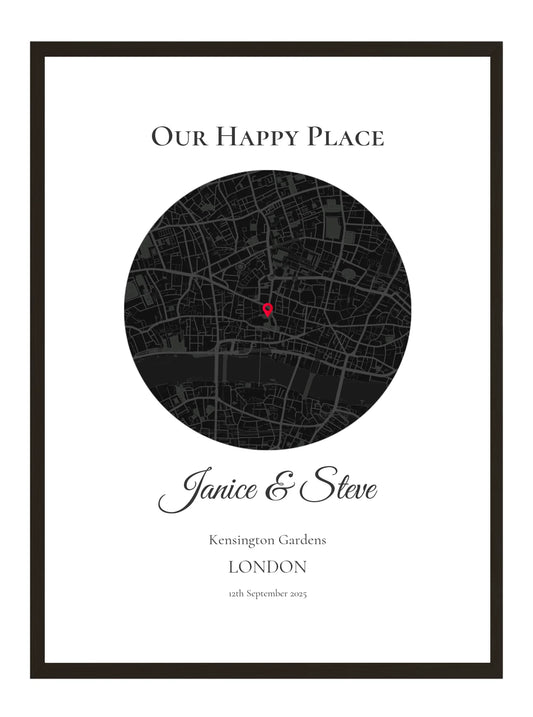 Our Happy Place - Black Circle - Personalised Anniversary Map Print