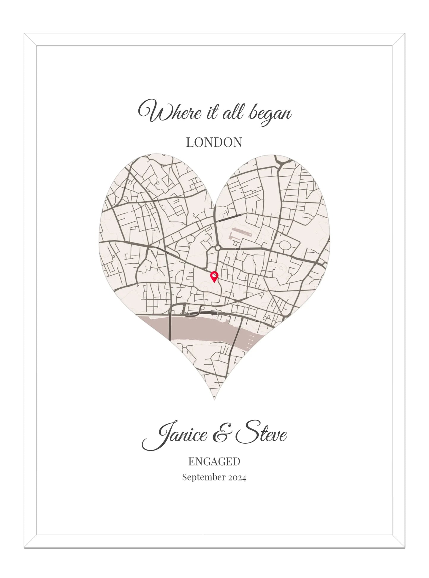 Engagement Heart Map Poster Print - Personalised
