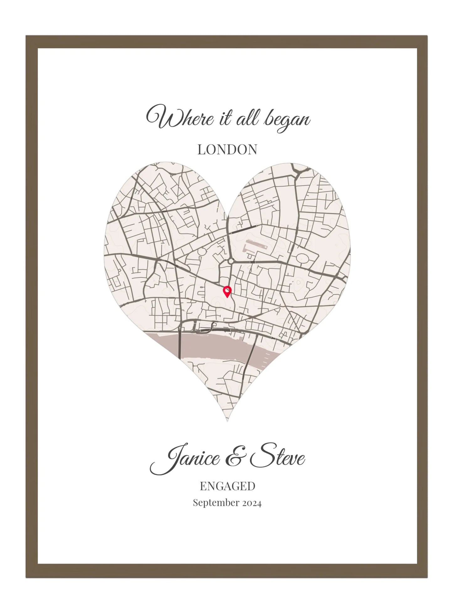 Engagement Heart Map Poster Print - Personalised