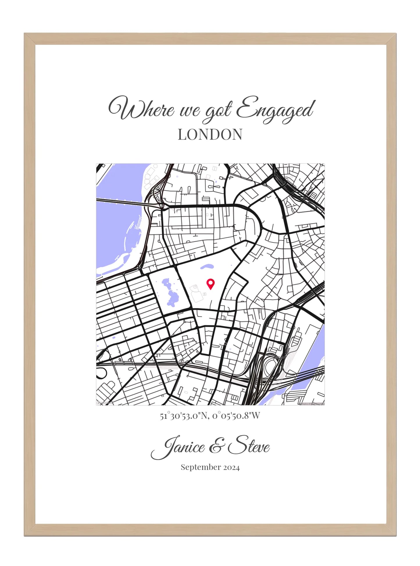 Engagement Square Map Classic Script Poster Print - Personalised