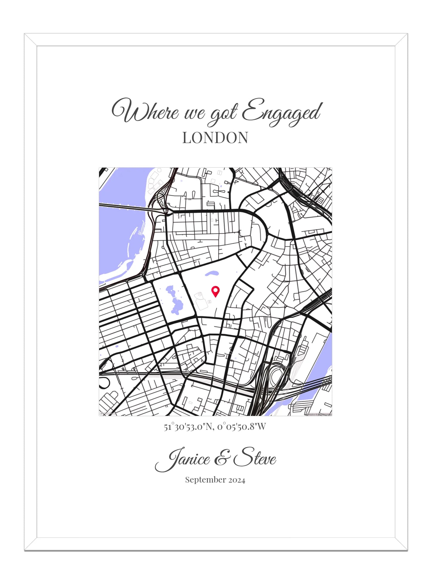 Engagement Square Map Classic Script Poster Print - Personalised