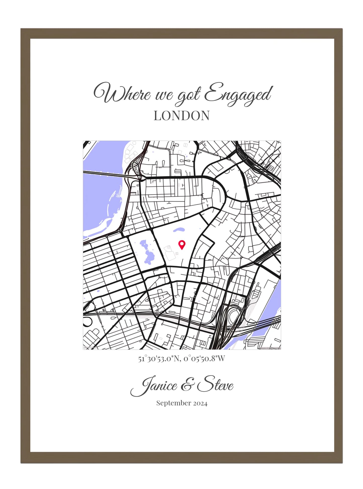 Engagement Square Map Classic Script Poster Print - Personalised