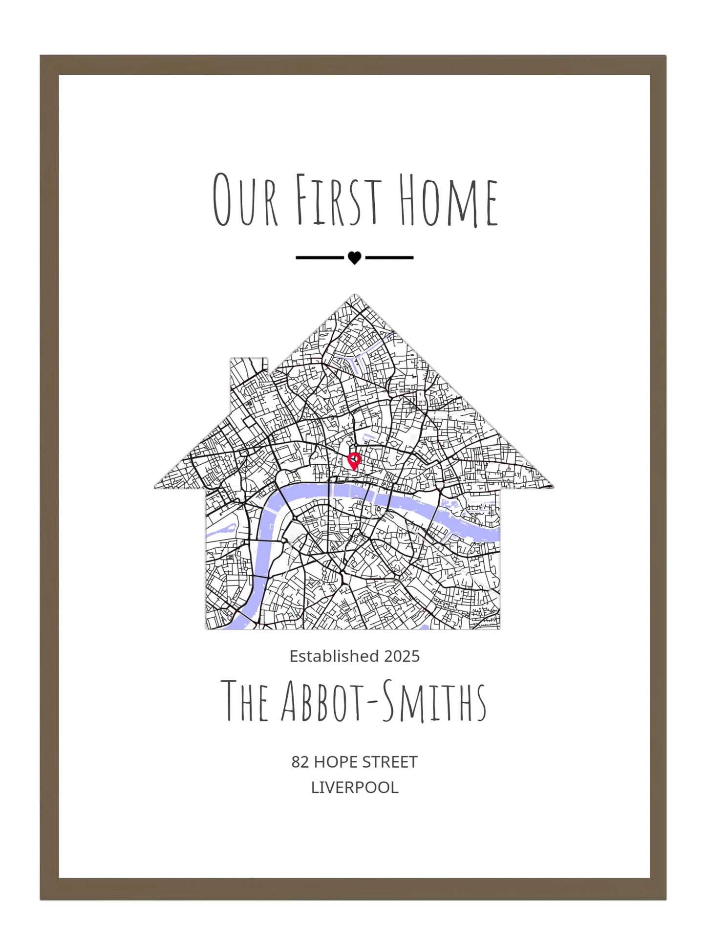 Personalized map art print of a house with 'Our First Home' text and location details.