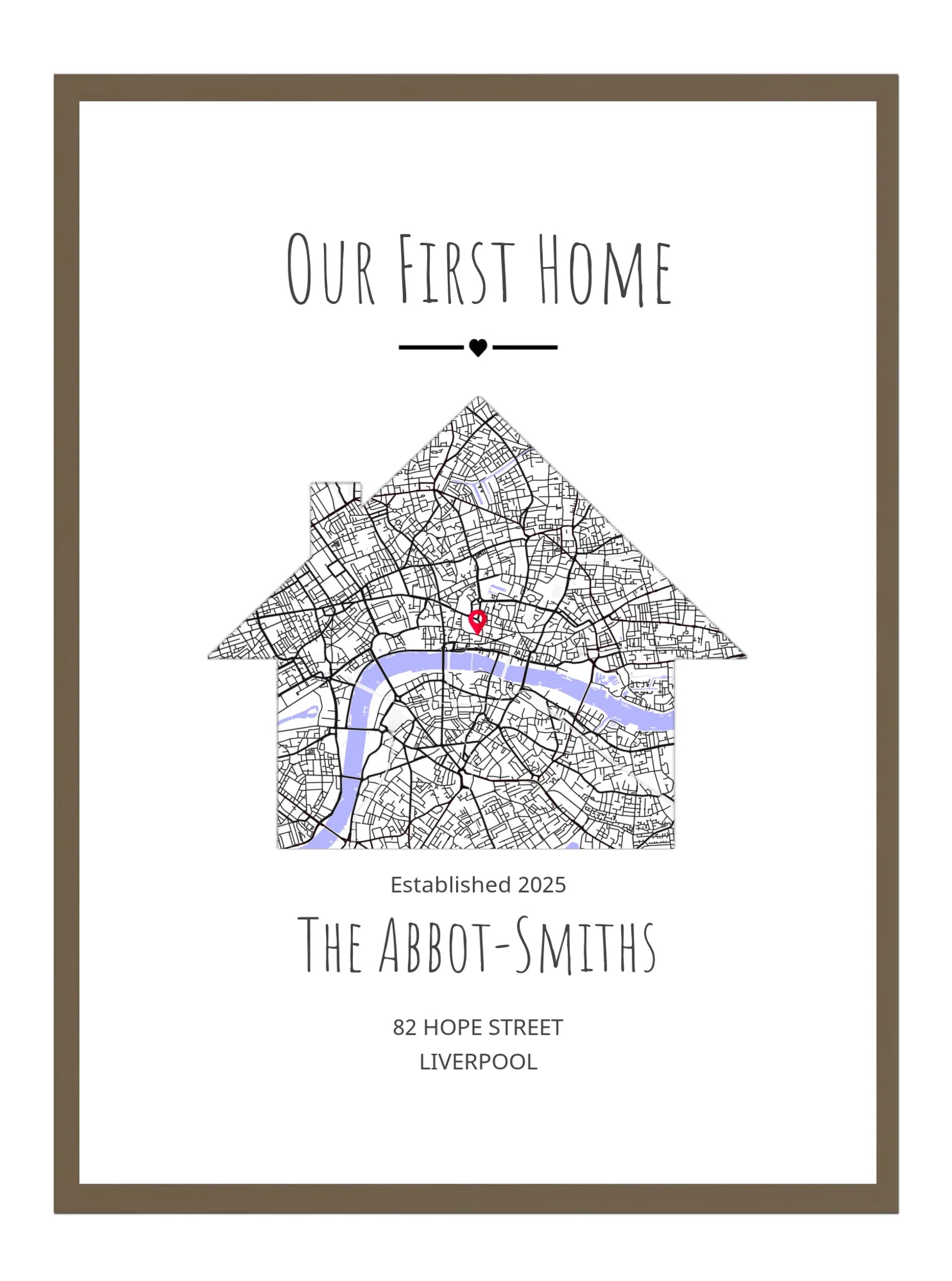 Personalized map art print of a house with 'Our First Home' text and location details.