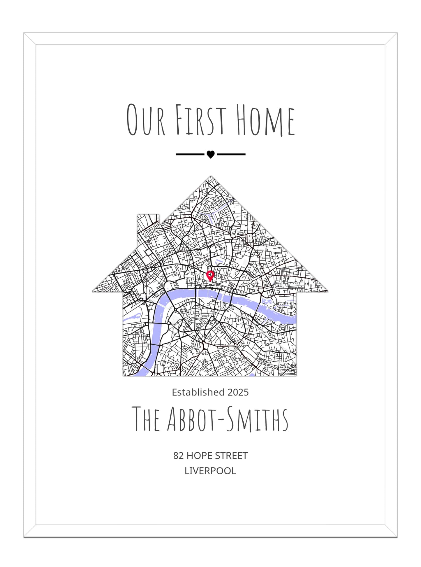 Personalized map art of a house with a red dot and text on a white background