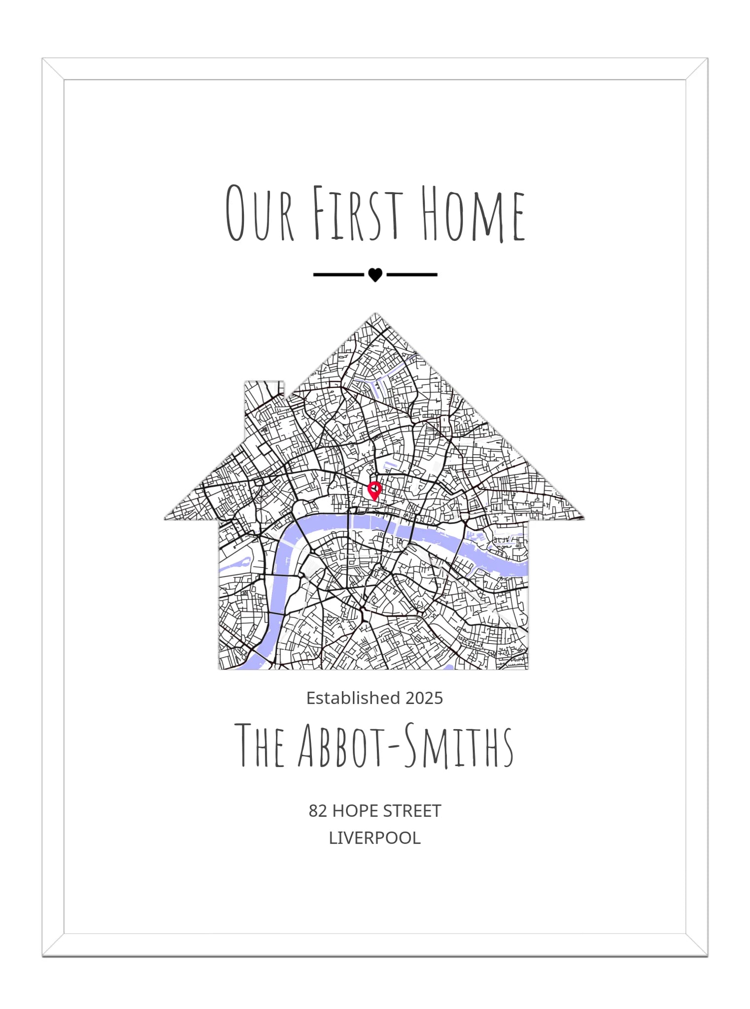Personalized map art of a house with a red dot and text on a white background