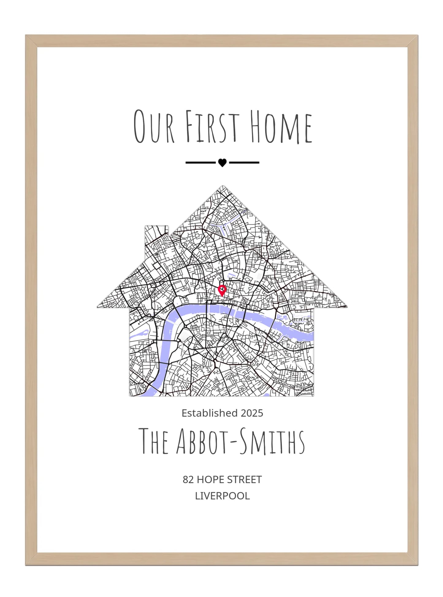 Personalized map art print of a house with a red dot and text about 'Our First Home' on a white background.