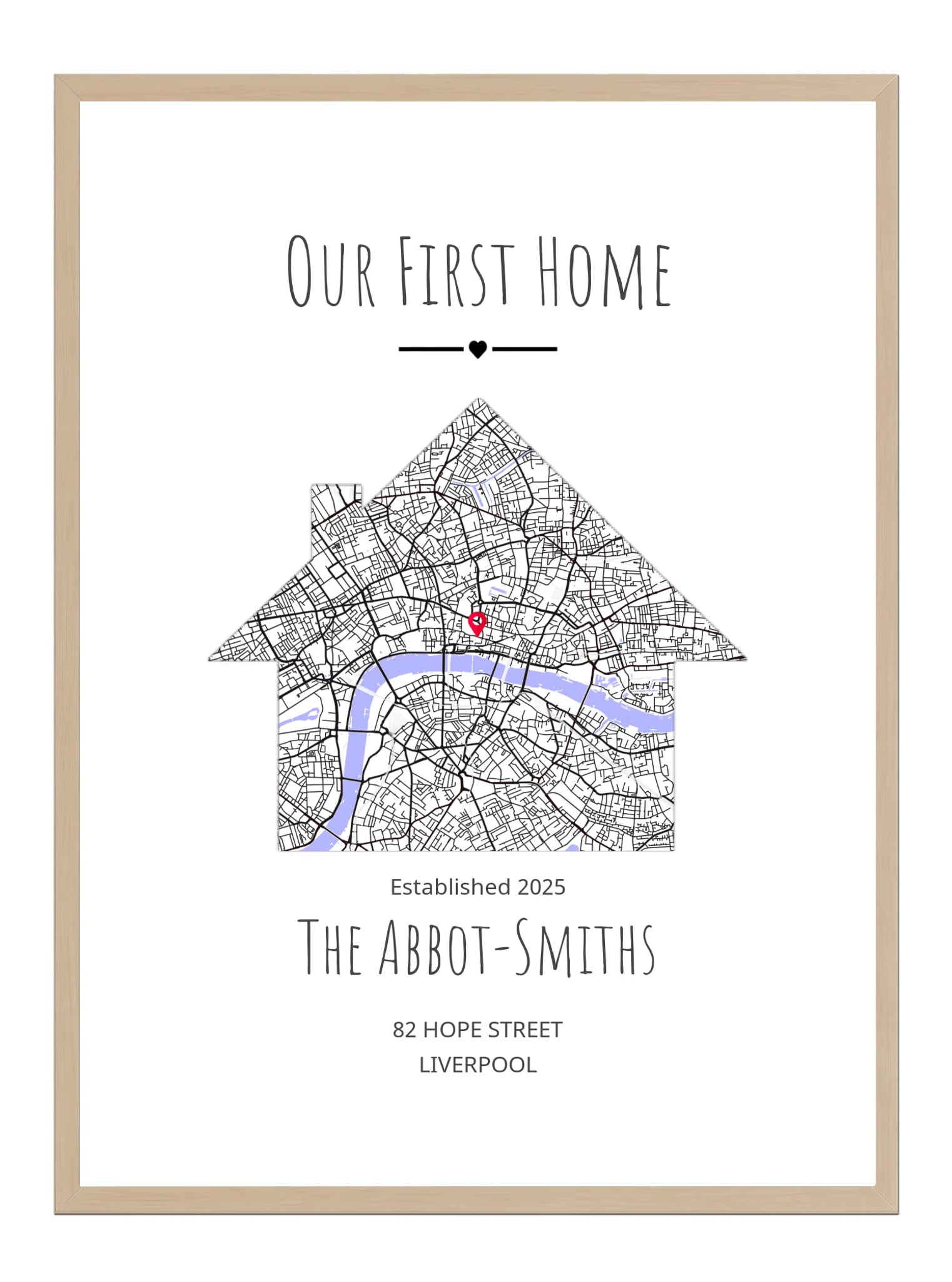 Personalized map art print of a house with a red dot and text about 'Our First Home' on a white background.