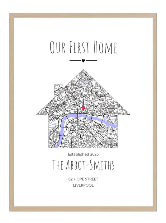 Personalized map art print of a house with a red dot and text about 'Our First Home' on a white background.